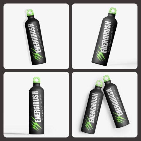 Sports Water Bottle Mockup PSD Pack of 4 cover image.