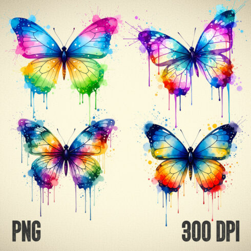 Colorful Watercolor Butterfly Clipart Set – 4 PNG, 300 DPI, Transparent Background cover image.