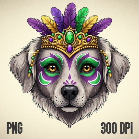 Majestic Mardi Gras Dog Portrait • Feathered Crown & Festive Face Paint Illustration cover image.