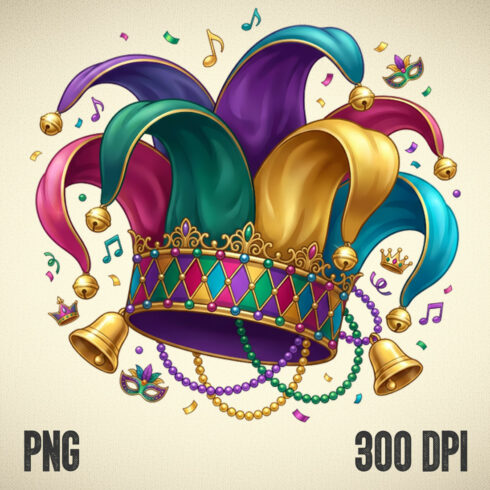 Royal Jester Crown Illustration • Vibrant Mardi Gras Hat with Bells, Beads & Carnival Colors cover image.