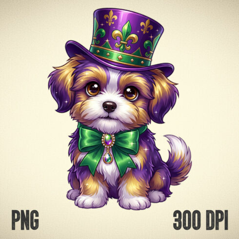 Mardi Gras Puppy in Top Hat • Festive Fleur-de-Lis Dog Illustration with Bow Tie & Carnival Colors cover image.