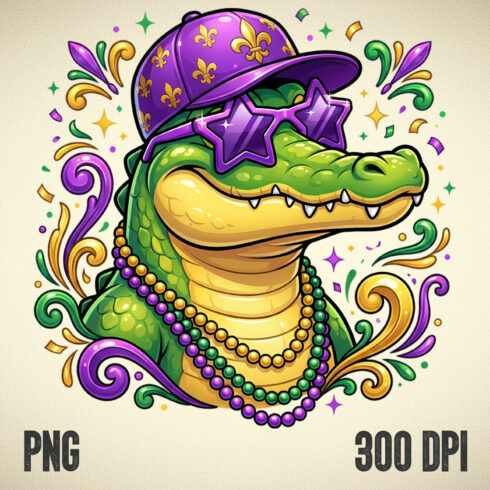 Cool Mardi Gras Gator, Beaded Alligator in Hat & Star Glasses Carnival Illustration cover image.