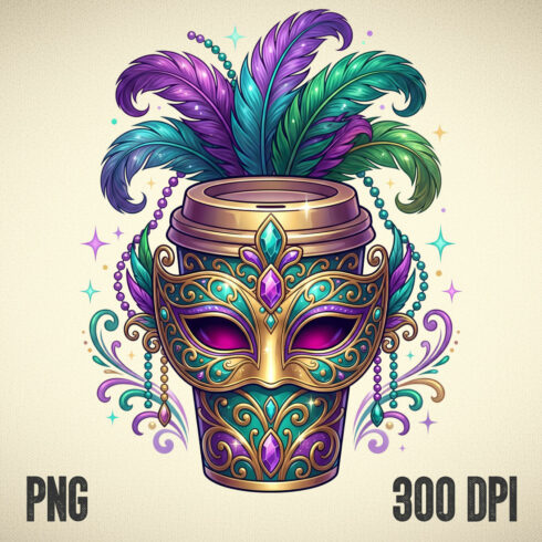Mardi Gras Masked Coffee Cup • Jewel-Encrusted Carnival Mug with Feathers & Beads Illustration cover image.