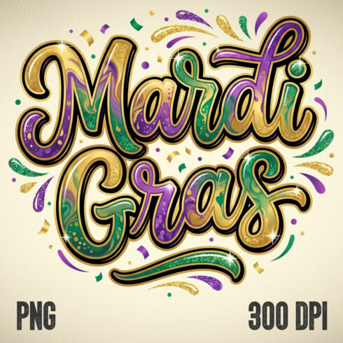 Mardi Gras Glitter Lettering • Bold Gold Purple Green Festive Typography Design cover image.