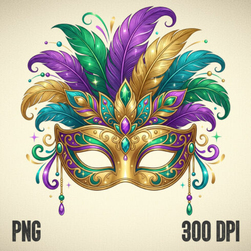 Elegant Mardi Gras Feather Mask • Gold, Purple & Teal Carnival Masquerade Illustration cover image.