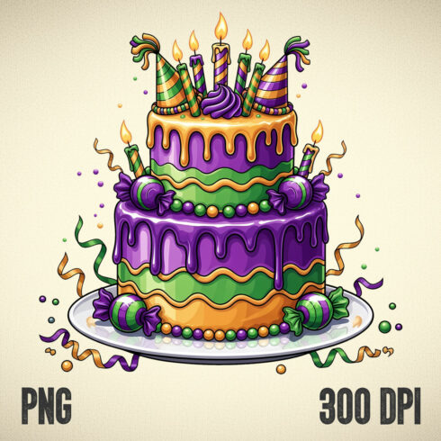 Carnival Celebration Drip Cake Illustration: Festive Mardi Gras Party Dessert Design cover image.