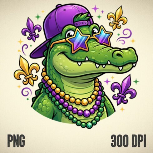 Mardi Gras Alligator with Beads • Cool Gator in Cap & Star Sunglasses Carnival Illustration cover image.