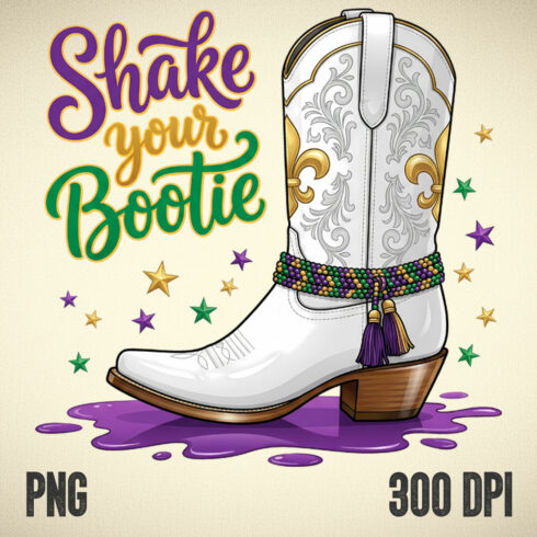 Shake Your Bootie Mardi Gras Cowboy Boot Illustration • Festive Western Beads & Fleur-de-Lis Design cover image.