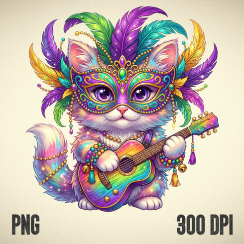 Mardi Gras Masquerade Cat • Colorful Feathered Mask Kitty Playing Guitar Illustration cover image.