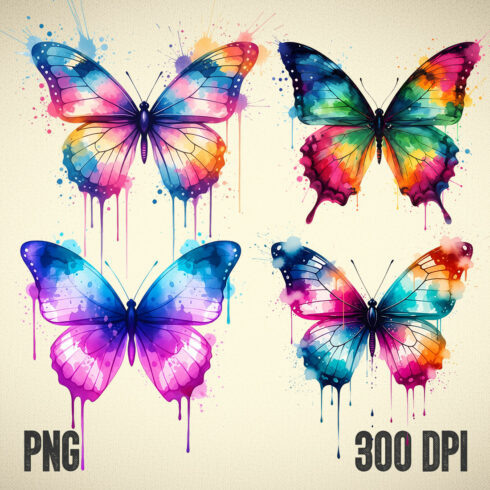 Colorful Watercolor Butterfly Clipart Set – 4 PNG, 300 DPI, Transparent Background cover image.