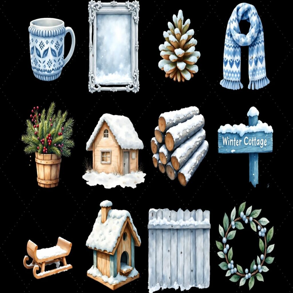 Curated visual reference: Visual Reference: Cozy Nordic Winter Cottage Clipart Bundle Nordic Winter Png