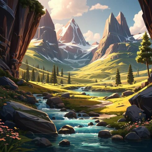 Dreamy Abstract Peaks and Serene Lakes Illuminated by Dynamic Gradient Colors – A Mesmerizing Modern Landscape of Ethereal Beauty and Flowing Light cover image.