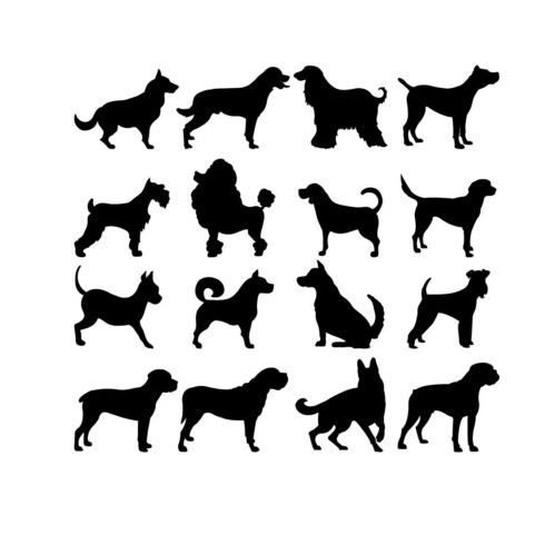 Sketch of black silhouettes of dogs in poses Outline of pets go, standing, running, jumping, training, walking, guarding, posing, play, Vector Svg Bundle Design cover image.