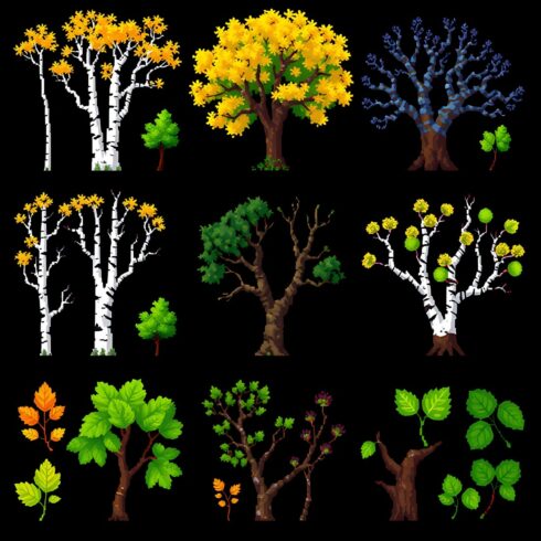 50+ Pixel Leaves Bundle – Aspen, Birch, Cottonwood, Poplar, Bamboo, Vine, Willow & Oak | High-Detail Pixel Outlined Foliage PNGs cover image.