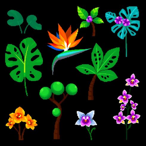 Pixel Botanical Elements Bundle – Beech, Hazel, Oak, Chestnut, Bird of Paradise, Magnolia, Jungle Ferns, Bluebells, Buttercups, Daisies & Violets | High-Detail Pixel Nature PNGs cover image.