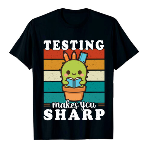 Cute cactus reading a book with retro stripes and text T-Shirt Design Ai EPS PDF PNG Trending Best Niche cover image.