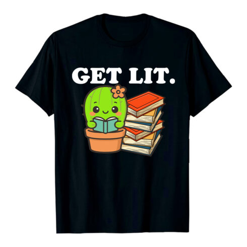 Cute Kawaii Cactus Reading Books Get Lit Text graphic T-Shirt Design Ai EPS PDF PNG Trending Best cover image.