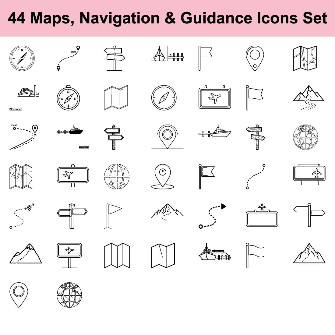 Signposts And Compasses 44 Navigation and Guidance Icon Set with Compasses Maps Flags and ...