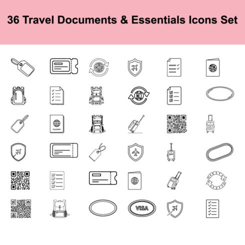 Collection of 36 Travel Documents and Essentials Icons Set Featuring Luggage Tags, Tickets, Currency Exchange, Passports, Backpacks, Checklists and Suitcases cover image.