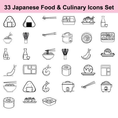 Collection of 33 Japanese Food and Culinary Icons Set Featuring Various Dishes Such as Sushi Rice Bowls Bento Boxes and Traditional Utensils cover image.