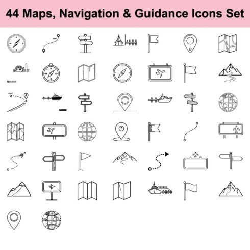 44 Navigation and Guidance Icon Set with Compasses Maps Flags and Signposts for Travel Tourism and Location Based Services in Vector Design Stock Illustration cover image.