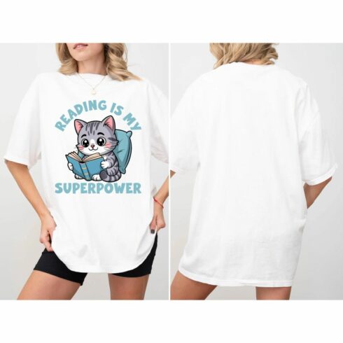 Reading is My Superpower Sweatshirt: Cozy Cat Book Lover Crewneck cover image.