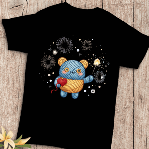 Yarn Bear Holding Sparkler and Crocheted Heart T-Shirt Design cover image.