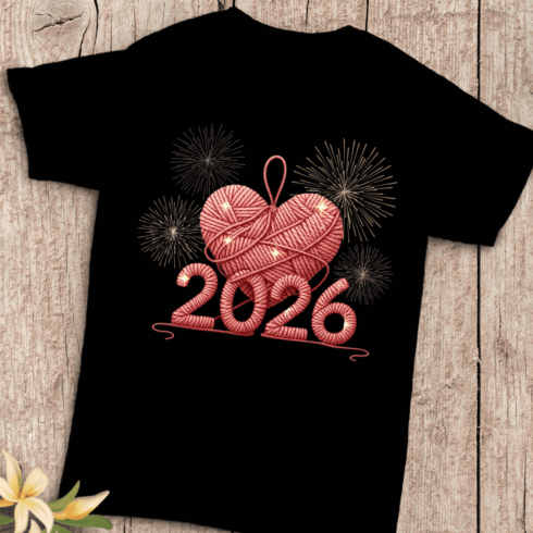 Festive Thread Heart and Year 2026 T-Shirt Design cover image.
