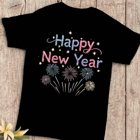 Happy New Year Celebration Text with Fireworks T-Shirt Design cover image.