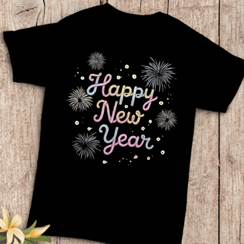Festive Happy New Year Text and Pastel Fireworks T-Shirt Design cover image.