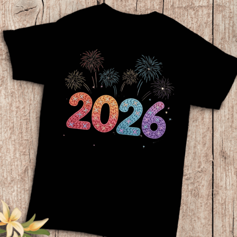 Rainbow Knitted Typography New Year 2026 T-Shirt Design cover image.