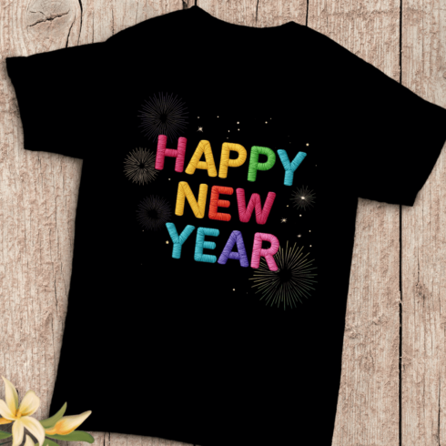 Festive Stitched Text for Happy New Year T-Shirt Design cover image.
