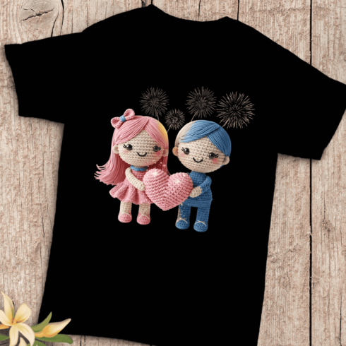 Couple Holding a Pink Crochet Heart T-Shirt Design cover image.