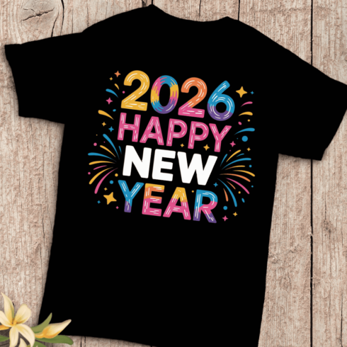 Vibrant Fireworks and Fun Text With Happy New Year 2026 T-Shirt Design cover image.