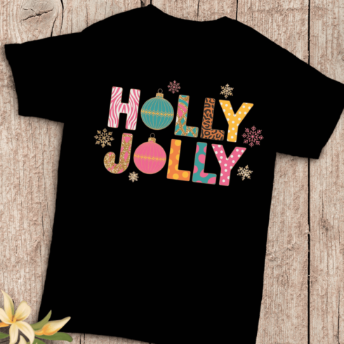 Trendy Holly Jolly Lettering with Festive Ornaments T-Shirt Design cover image.
