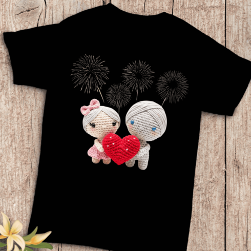 Amigurumi Boy and Girl with Heart and Fireworks T-Shirt Design cover image.