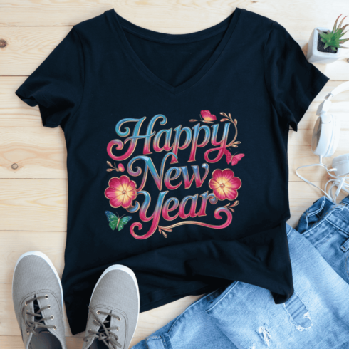 Luxury Happy New Year Text T-Shirt Design cover image.