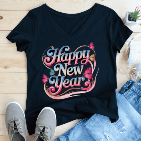 3D Happy New Year Lettering with Butterflies and Gold Swirls T-Shirt Design cover image.