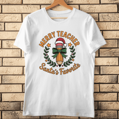 Festive Holiday Teacher Appreciation T-Shirt Design cover image.