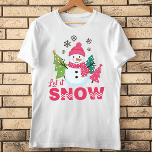 Let It Snow Text with Pink Knit Hat and Scarf T-Shirt Design cover image.