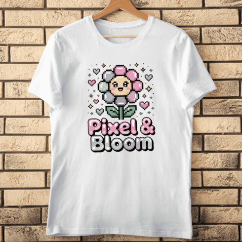 Cute Pixel Art Flower and Typography T-Shirt Design cover image.