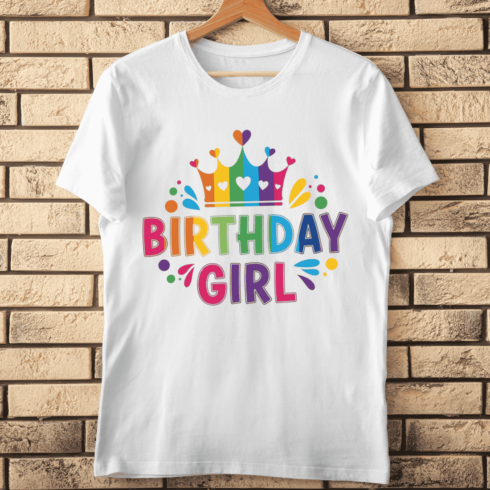 Birthday Girl Text with Rainbow Princess Crown T-Shirt Design cover image.