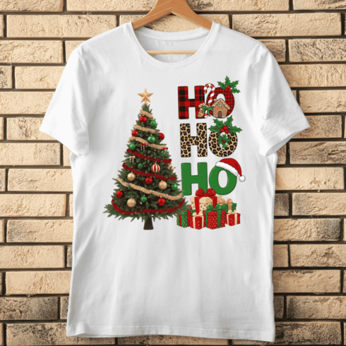 Festive Tree, Presents, and Ho Ho Ho Text T-Shirt Design cover image.