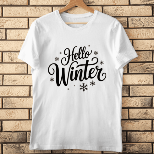 Hello Winter Script Lettering with Snowflakes T-Shirt Design cover image.