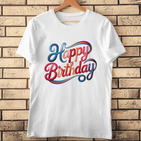 Bright Stitched Happy Birthday Text T-Shirt Design cover image.