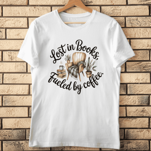 Watercolor Lost in Books Fueled by Coffee T-Shirt Design cover image.