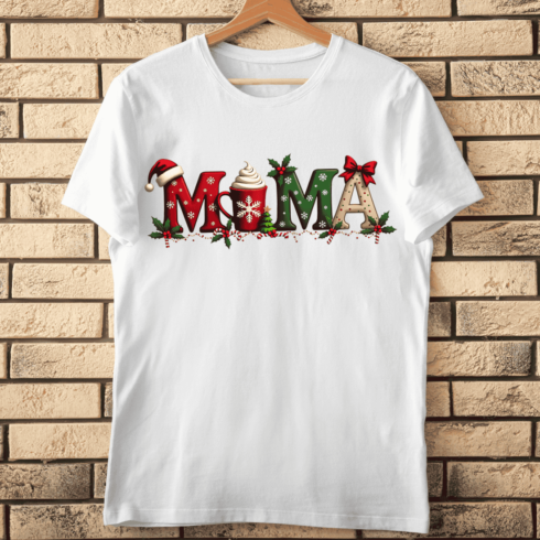 3D Embossed MAMA Text with Holly and Santa Hat T-Shirt Design cover image.