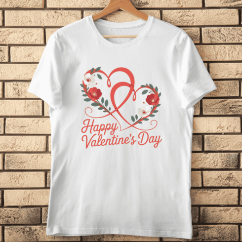 Happy Valentine's Day Text Hearts and Floral Wreath T-Shirt Design cover image.
