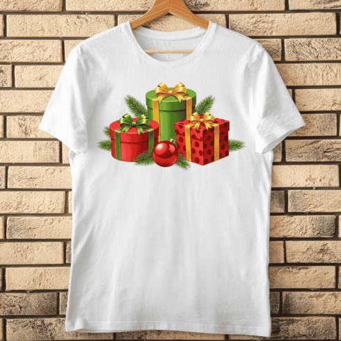 Red and Green Festive Presents Stack with Gold Ribbons T-Shirt Design cover image.