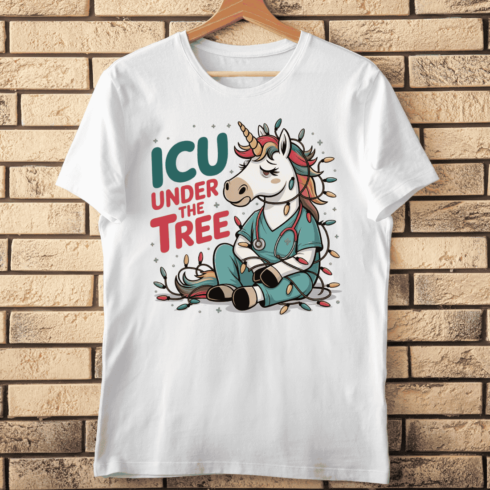 Stressed Unicorn Nurse Wrapped in Lights T-Shirt Design cover image.